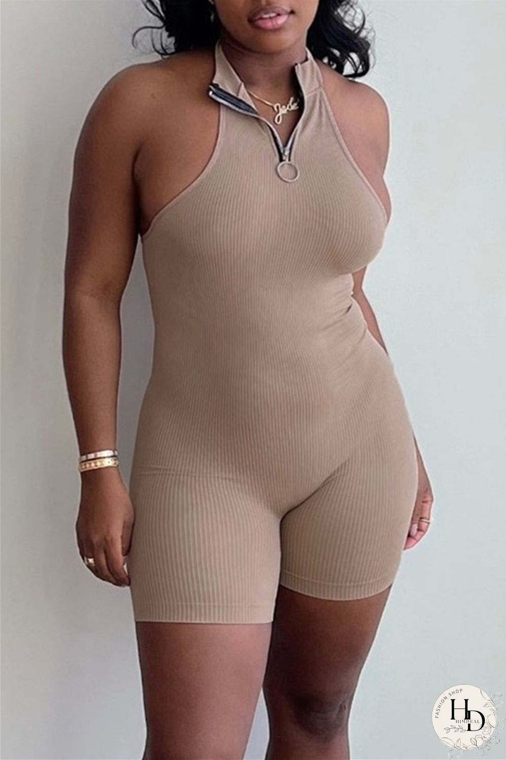 Rose Red Sexy Casual Solid Backless Halter Sleeveless Skinny Romper