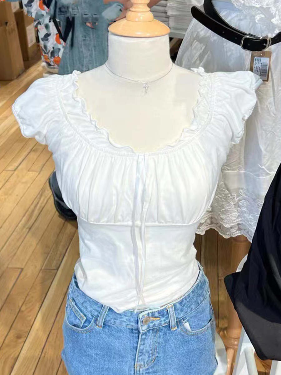 Gamistine Sweet White Folds Slim T-shirts Sexy Square Collar Short Sleeve Summer Tees Women Chic Aesthetic Vintage Solid Y2k Tops