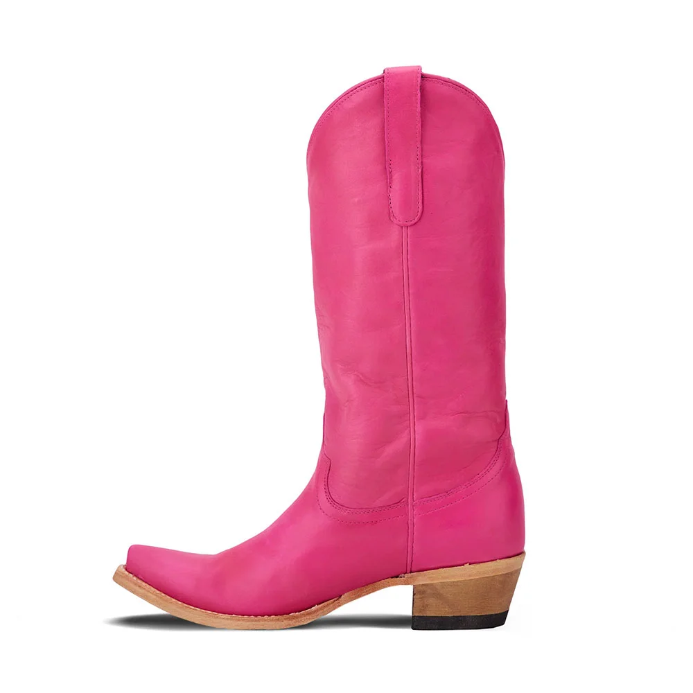 YDN Hot Pink Snip Toe Low Chunky Heel Stylish Women's Western Boots