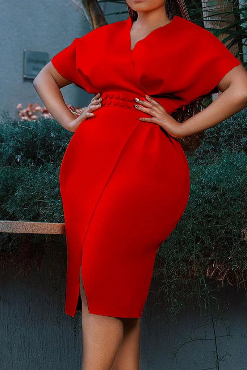 Red Elegant Solid Patchwork Slit V Neck One Step Skirt Dresses