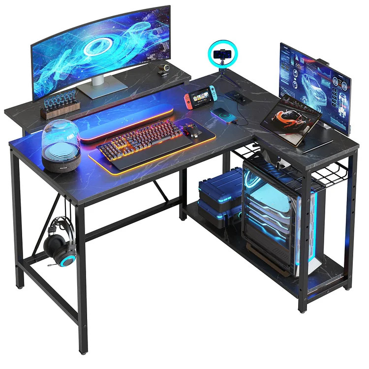 Bestier 42" Reversible L-Shaped Gaming Desk with Power Outlets, LED Lights, Monitor Stand & Headset Hooks for Small Spaces, Bedrooms & Home Offices, Black Marble