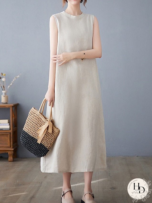 Cotton Linen Dress Casual Dress Midi Dress Linen Cotton Blend Basic Modern Outdoor Daily Vacation Stand Collar Pocket Sleeveless Summer Spring Loose Fit Navy Blue Apricot Plain M L XL 2XL for Women