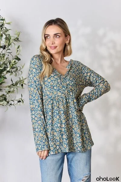 Heimish Full Size Floral Half Button Long Sleeve Blouse