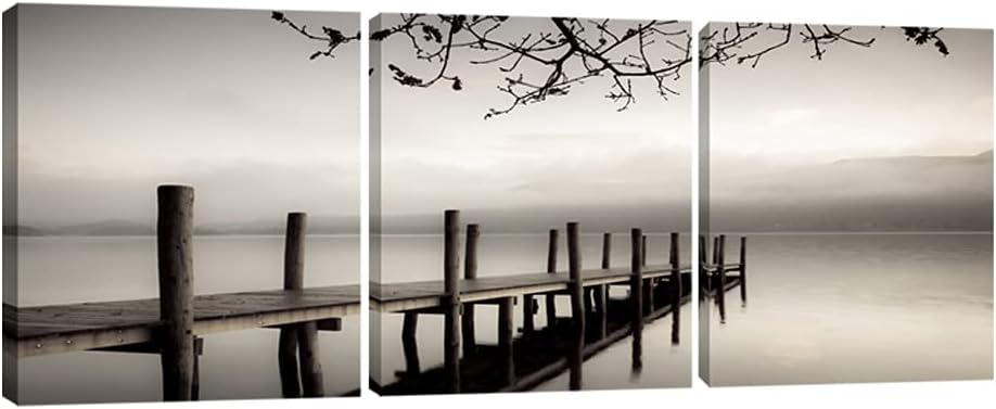 Pyradecor Peace Large Modern 3 Piece B & W Gallery Wrapped Landscapes Canvas Print Ocean Beach Pictures Paintings on Canvas Wall Art Work for Living Room Kitchen Home Office Decorations 50x50cmx3pcs (20x20inchx3pcs)