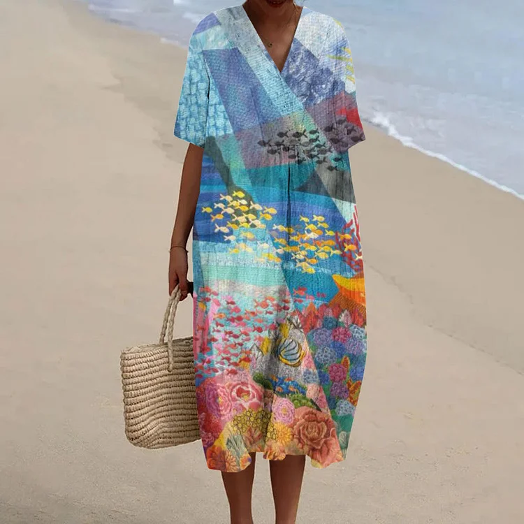 Creative Mosaic Painting Seabed Print Short Sleeved Casual Midi Dress