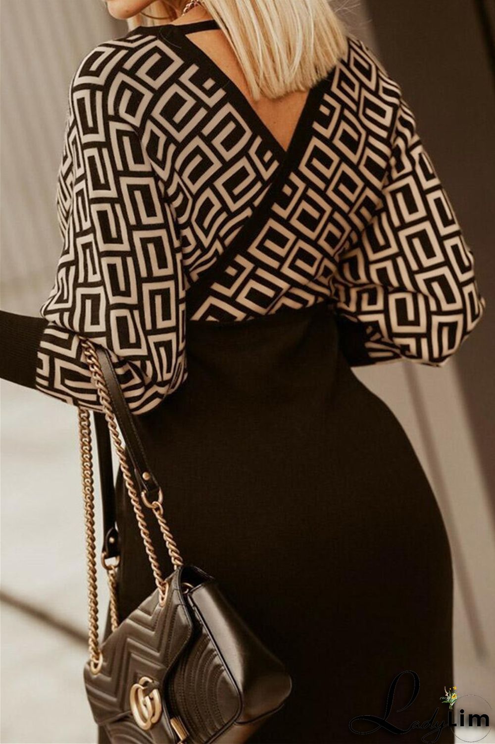 Black White Fashion Casual Print Patchwork V Neck Long Sleeve Dresses