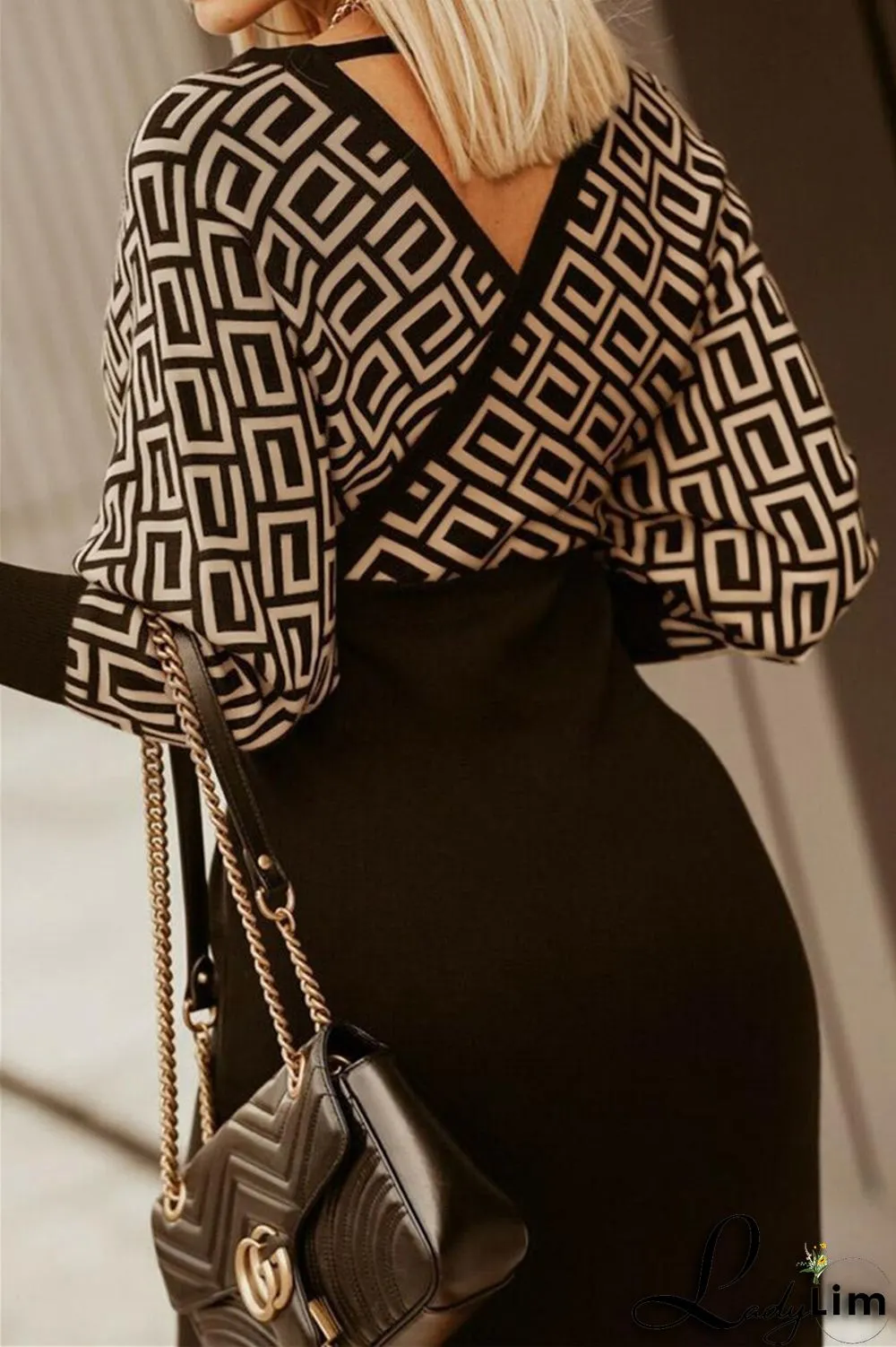Black White Fashion Casual Print Patchwork V Neck Long Sleeve Dresses
