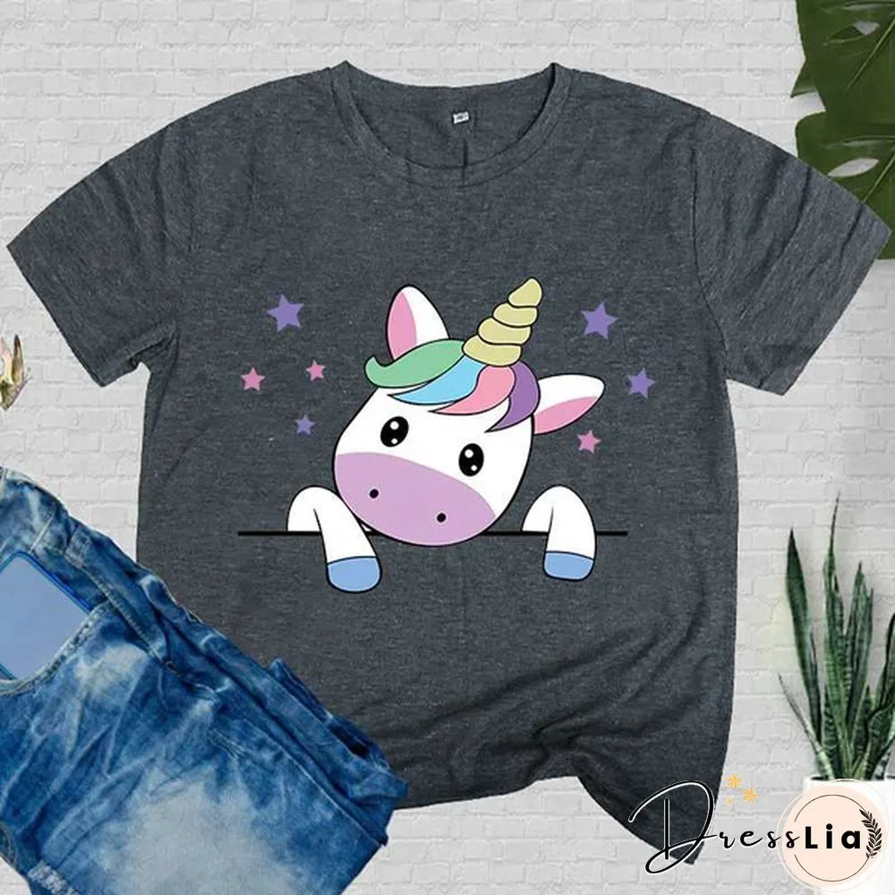 Women T-Shirt Unicorn Print Short Sleeve Casual Tee Round Neck Tops