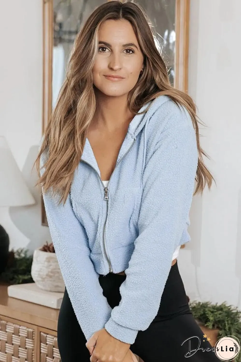 Beau Blue Cropped Sherpa Zip Up Hoodie