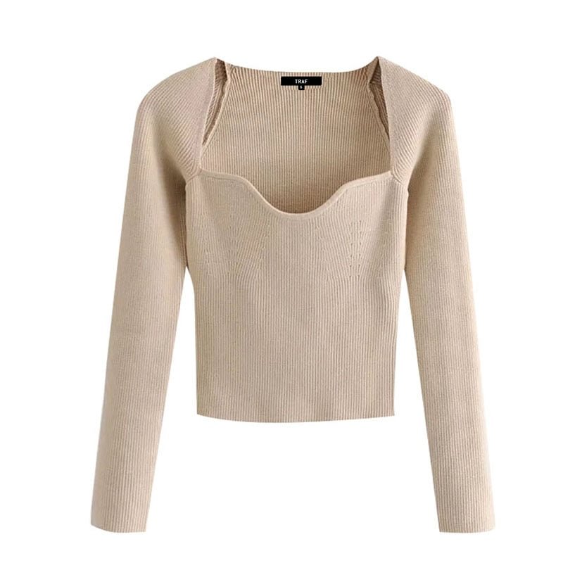 TRAF Women Fashion With Sweetheart Neck Cropped Knitted Sweater Vintage Long Sleeve Fitted Female Pullovers Chic Tops