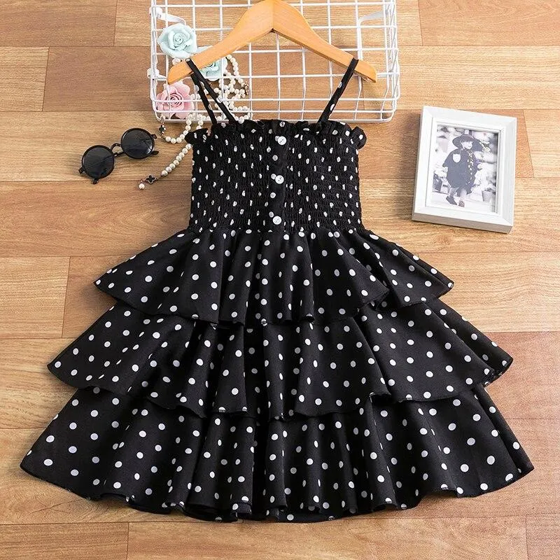 Summer Fancy Pretty Girl Colorful Dots Dress Birthday Party Princess Dress Lace Ball Gown Elegant Dress Casual Dress Size 3-8T