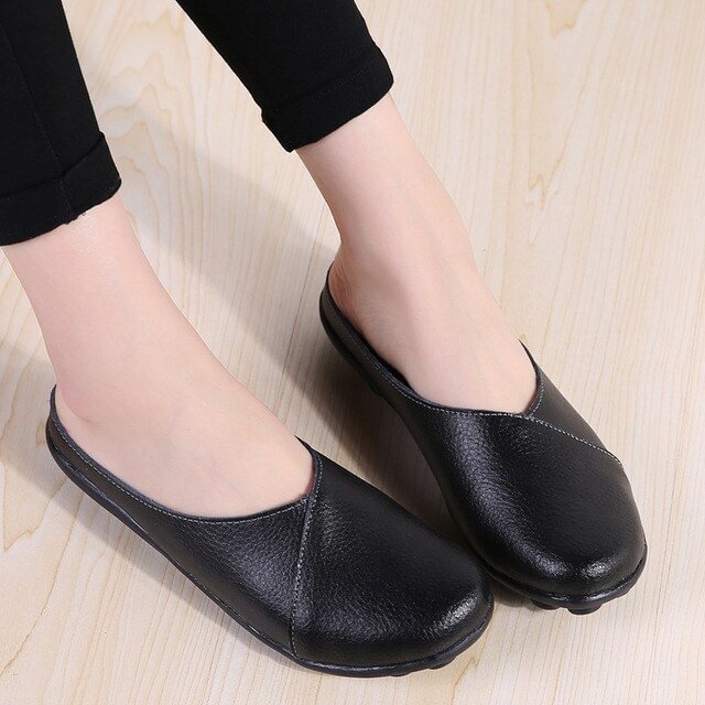 Qjong Plus Size Flat Shoes 2018 Fashion Mules Womens Leather Split Slip On Flip Flops Women's Slippers Shoe SlidesE1302
