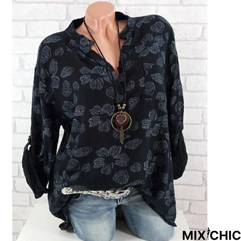 Women Floral Print Long Sleeve V Neck Blouse Chiffon Casual Tops Plus Size