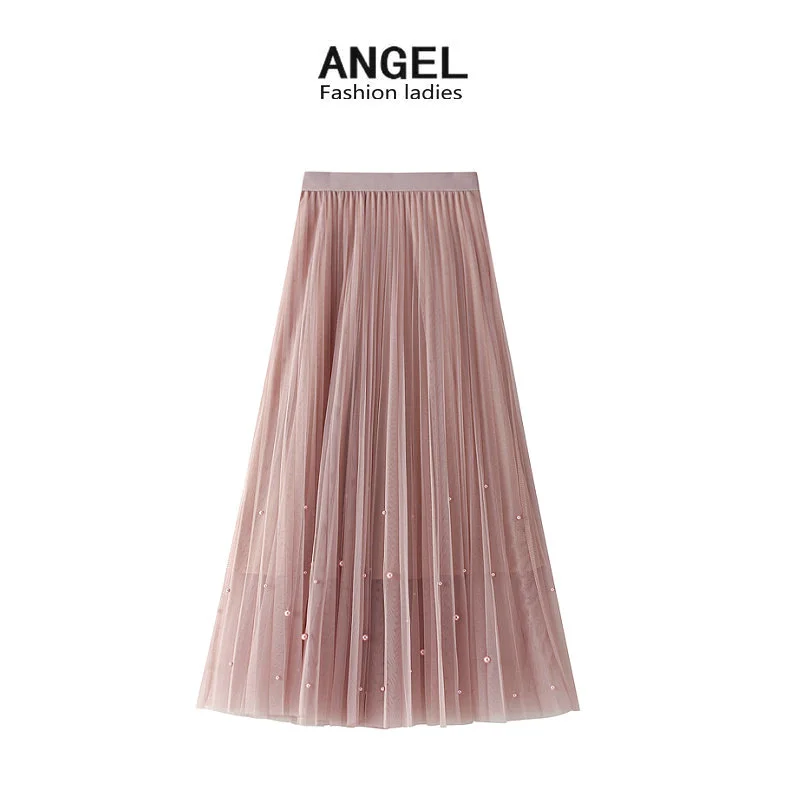 Nigikala Nigikala Industry Nail Pearl Dress Women's Half-Dress Dress 2025 Spring And Autumn Mid-Autumn Long Dress Net Yarn Dress 100Folded Dress 8581