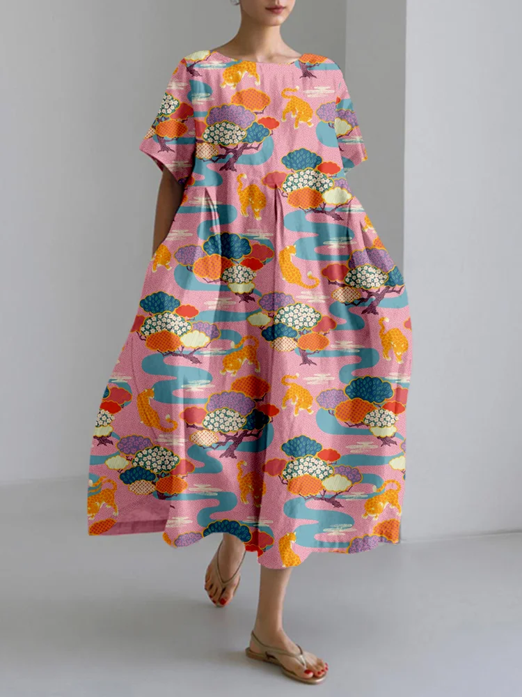 Edo Safari in Pink Japanese Art Linen Blend Maxi Dress
