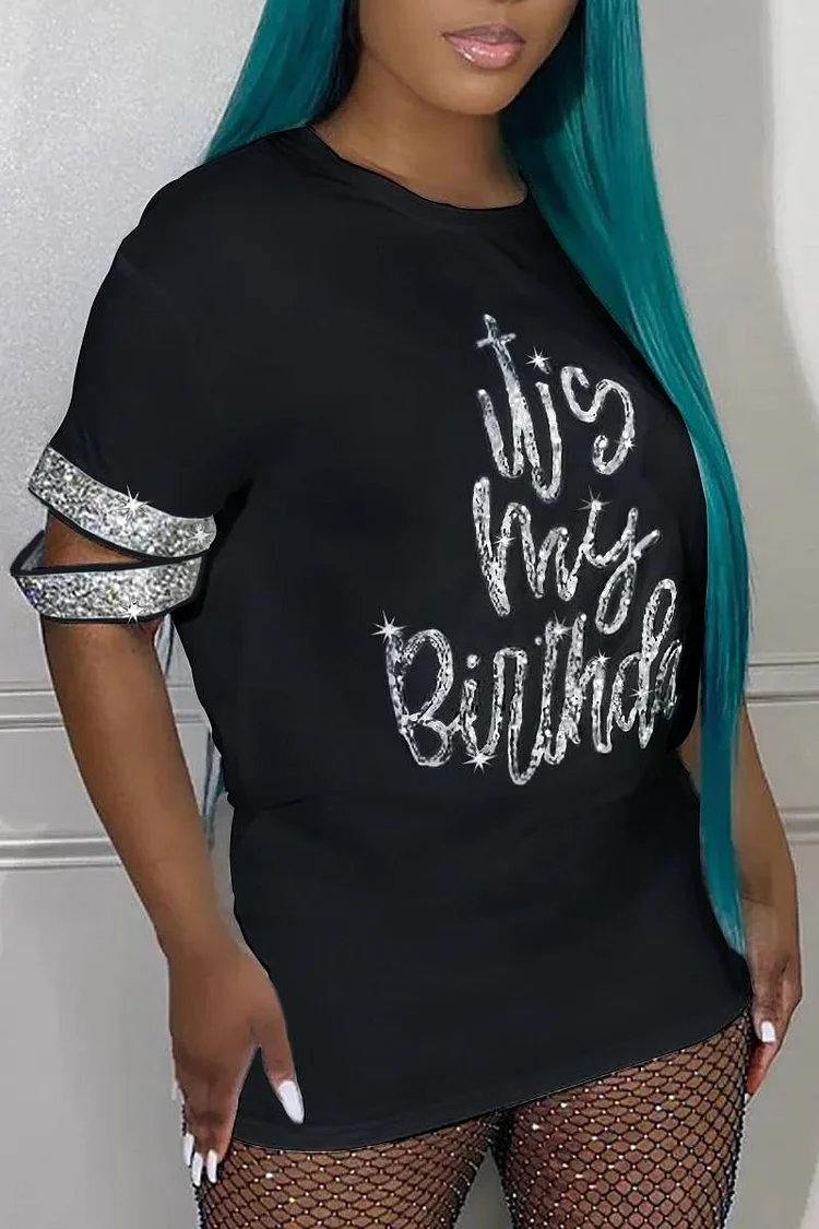 Plus Size Black Daily Letter Print Sequin Sleeves T-Shirts 