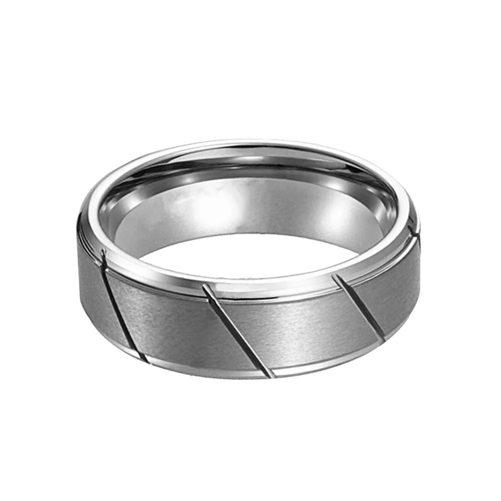 8MM Couples Silver Oblique Groove Matte Tungsten Carbide Ring