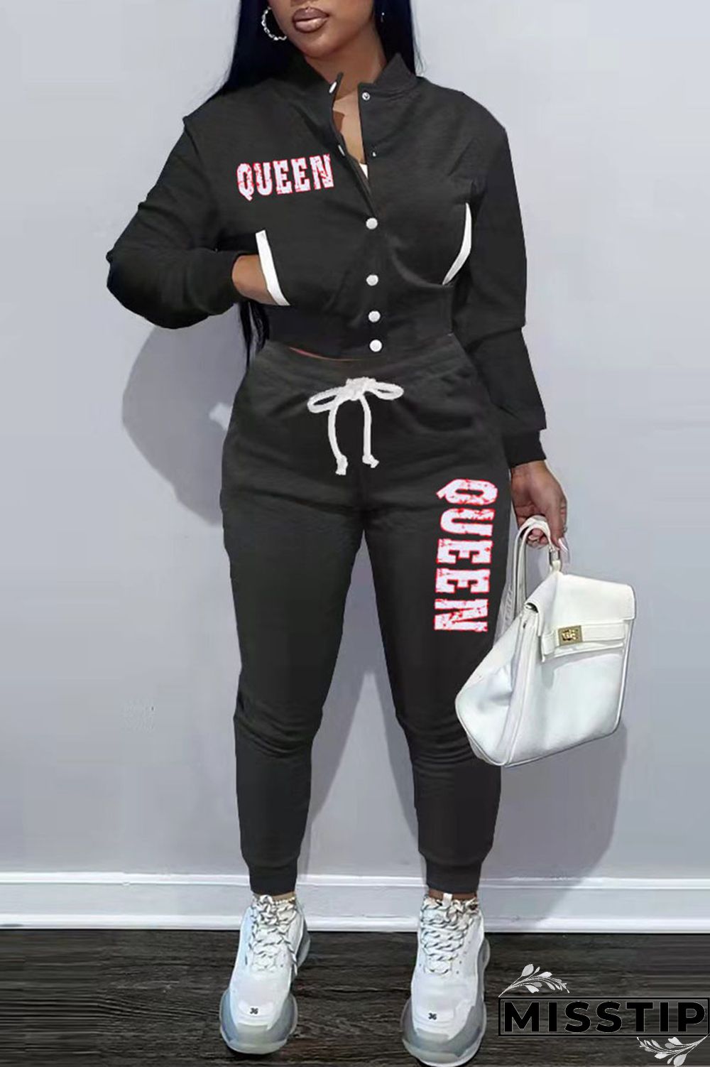 Grey Casual Street Print Patchwork Pocket Buckle Long Sleeve Two Pieces