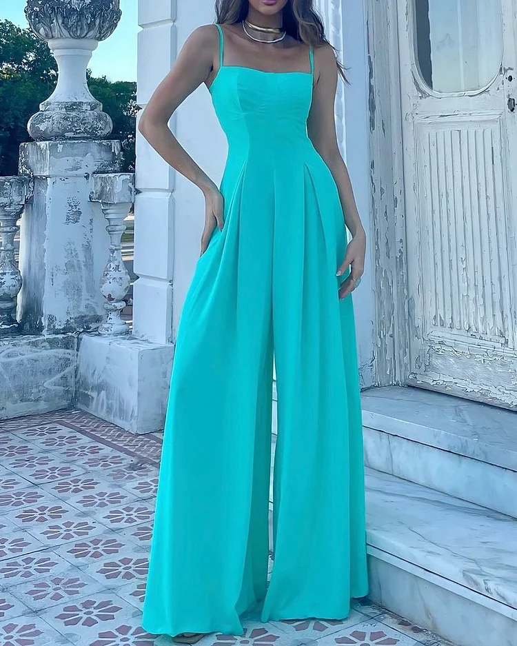 Sleeveless suspenders solid color jumpsuit