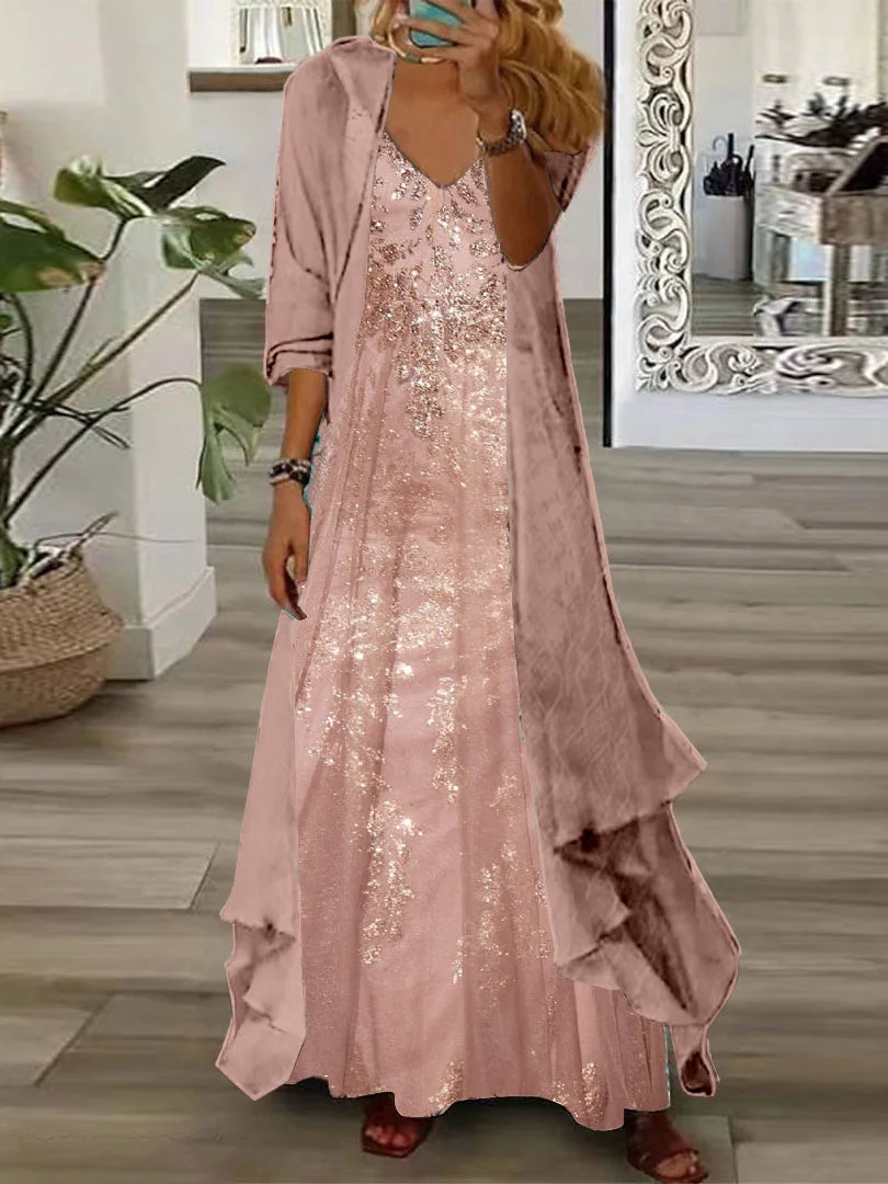 Women's Long Sleeve V-neck Graphic Printed Two Pieces Maxi Dress