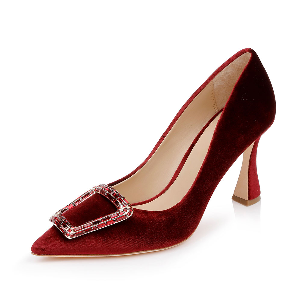 Elegant Velvet Buckle Accent Pointed Toe Slip-On Pumps Heels in Red Nicepairs