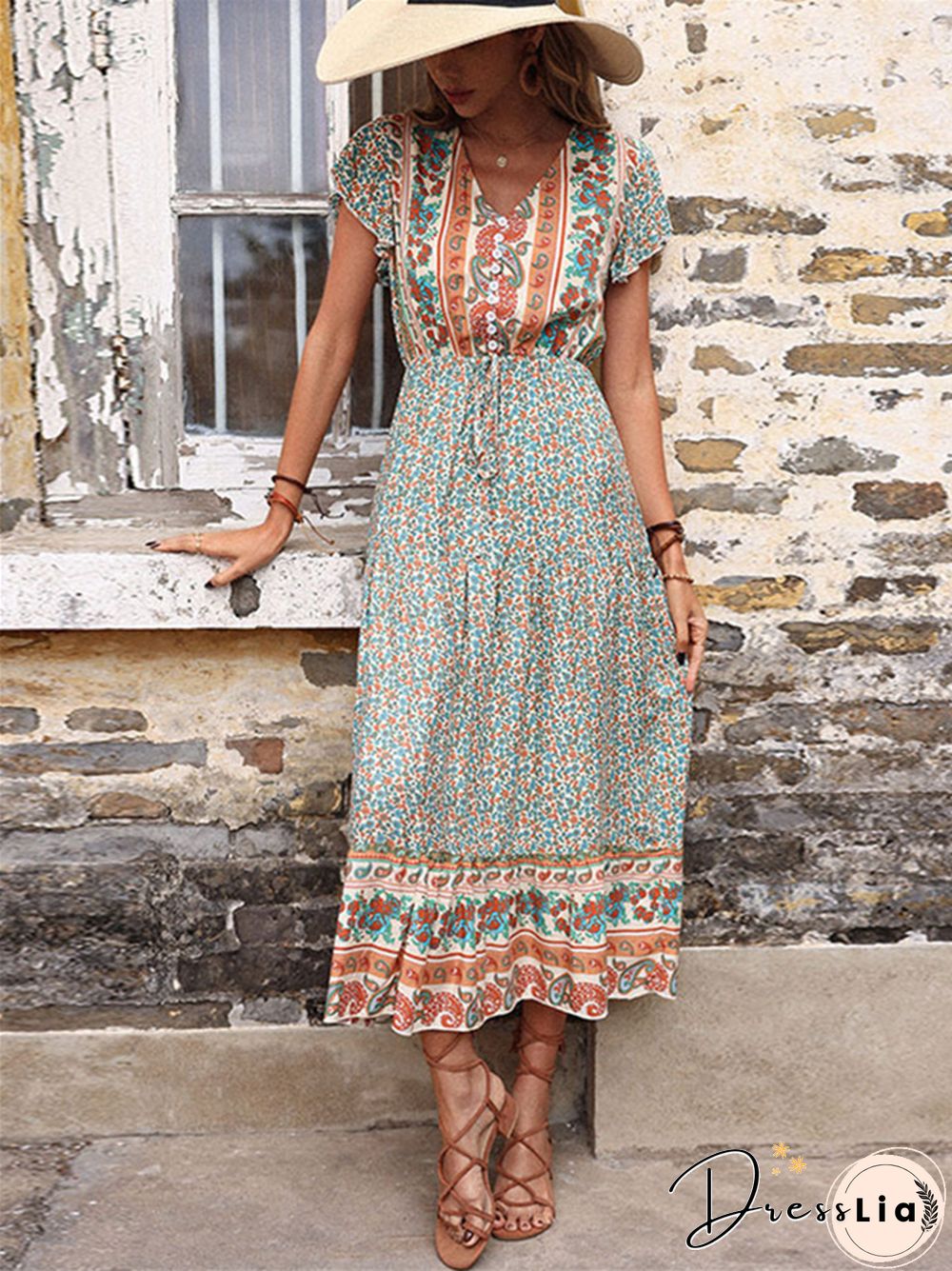 Long Skirt Retro Printed Green Slim Dress