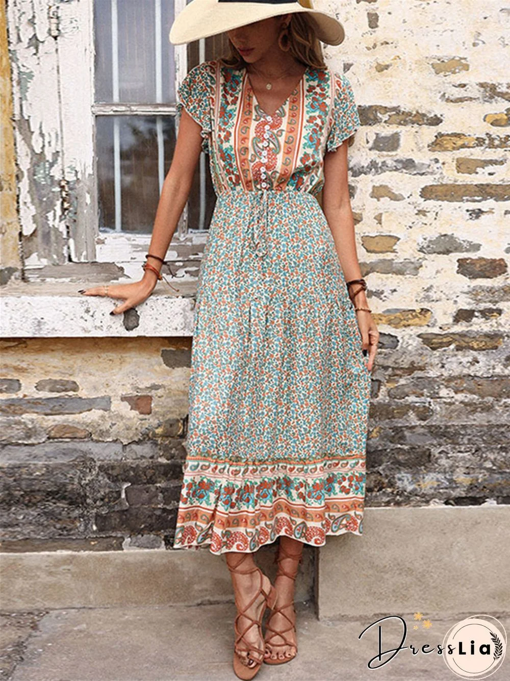 Long Skirt Retro Printed Green Slim Dress