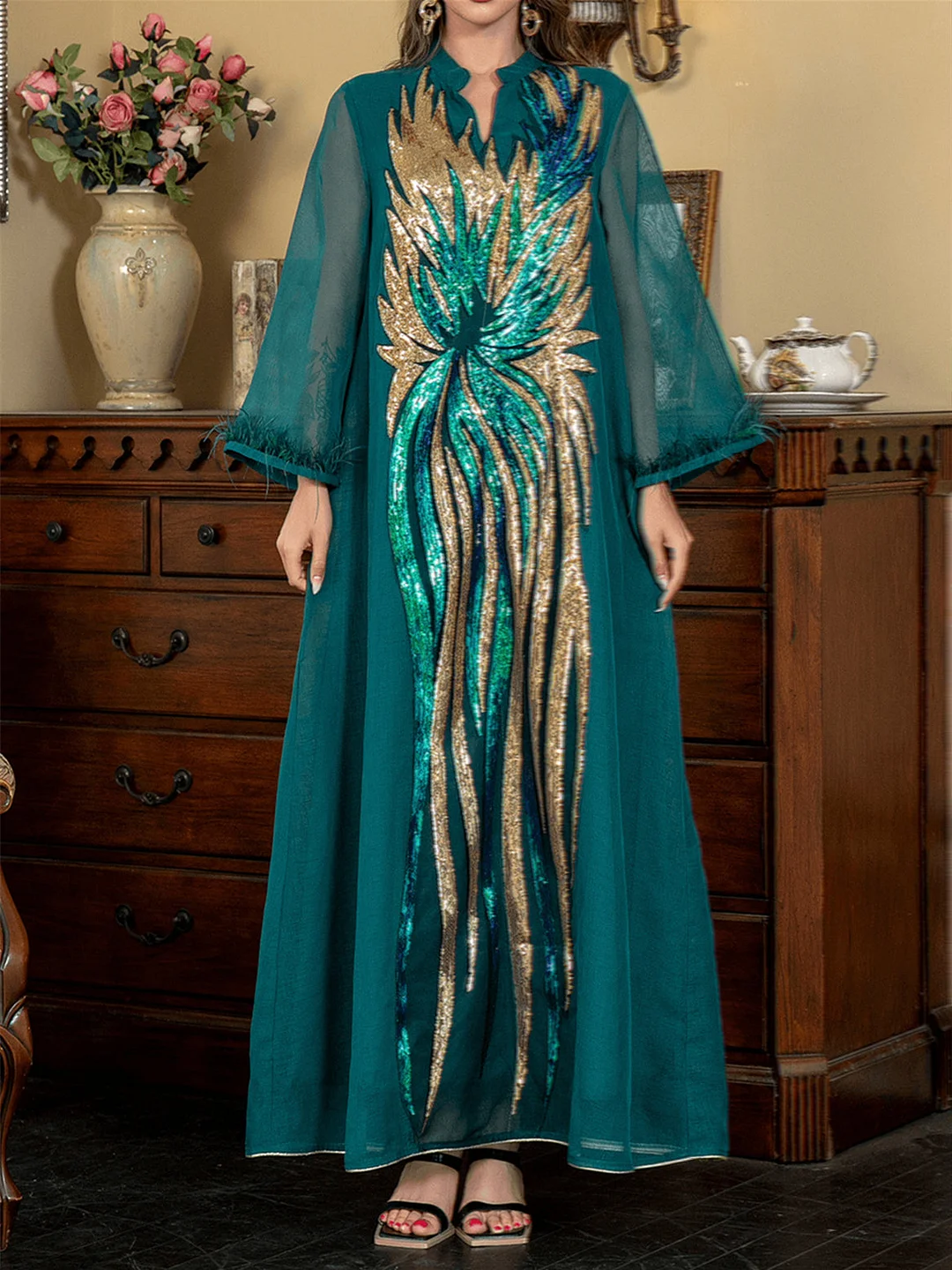 Women's Long Sleeve V-neck Sequins Gold Stamping Graphic Chiffon Maxi Dress
