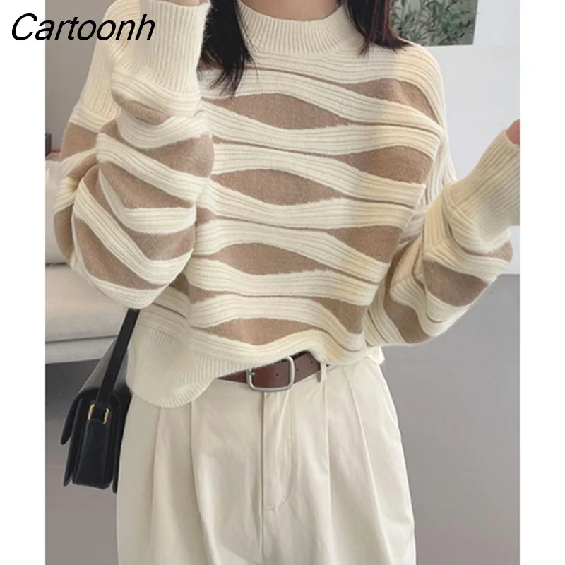Cartoonh Women‘s Winter Sweater 2023 Oversize Loose Pullover Casual Korean Fashion Print Striped Knitted Pullover for Women Jumper Female