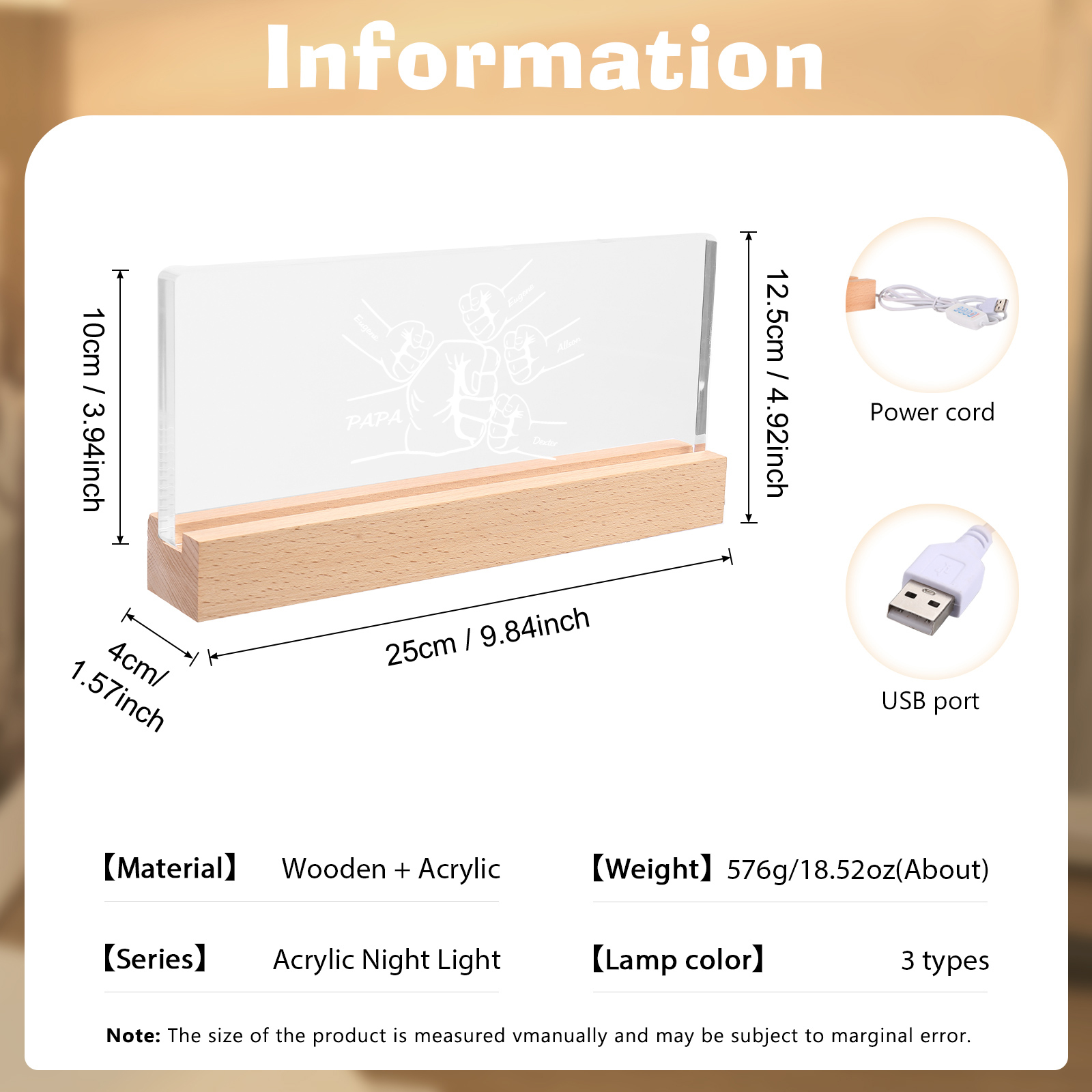 À mon Papa/Papi- Lampe de chevet LED Poings 5 Prénoms Personnalisés