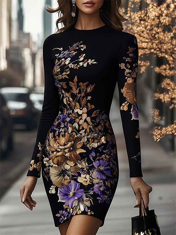 Round Neck Floral Print Long Sleeve Elegant Bodycon Dress