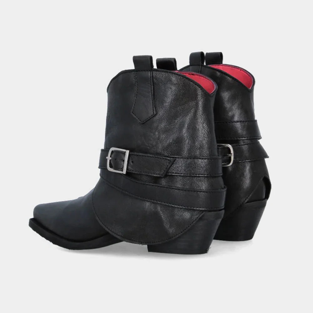 Black Snip Toe Cuffed Buckle Strap Cowgirl Boots for Women