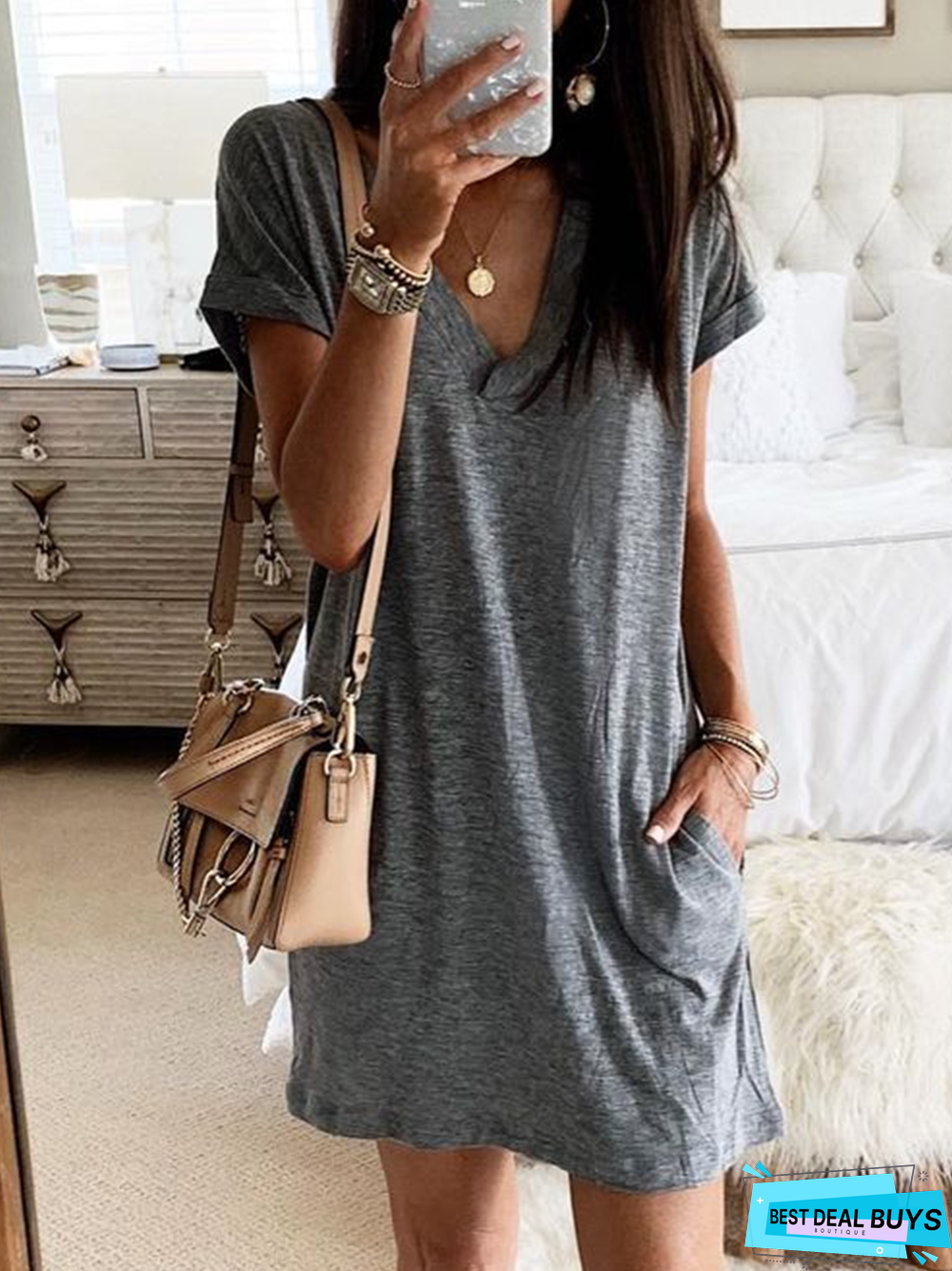 New Women Chic Vintage Boho Holiday Shift Casual Short Sleeve Simple Knitting Tunic Dress