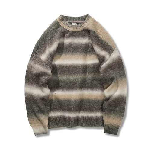 Demandernyc Men's Japanese Gradient O-neck Long-sleeved Couple's Sweaters Autumn Winter Contrast Striped Lazy Style Loose Casual Knitwear