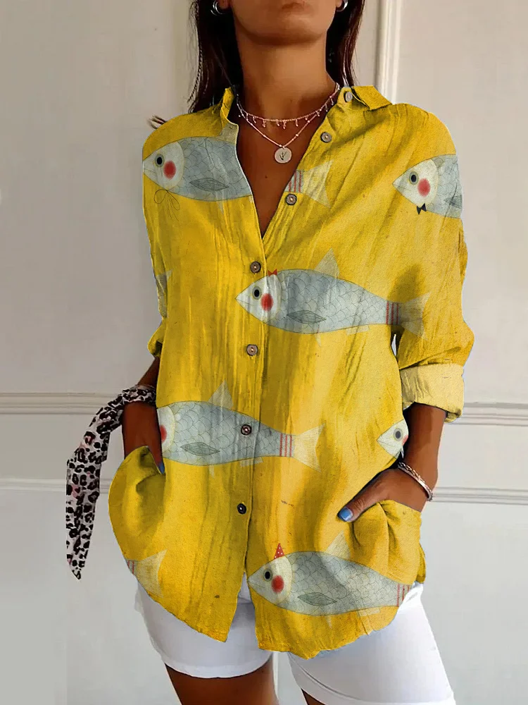 Japanese Style Yellow Sardine Print Casual Long-sleeved Shirt