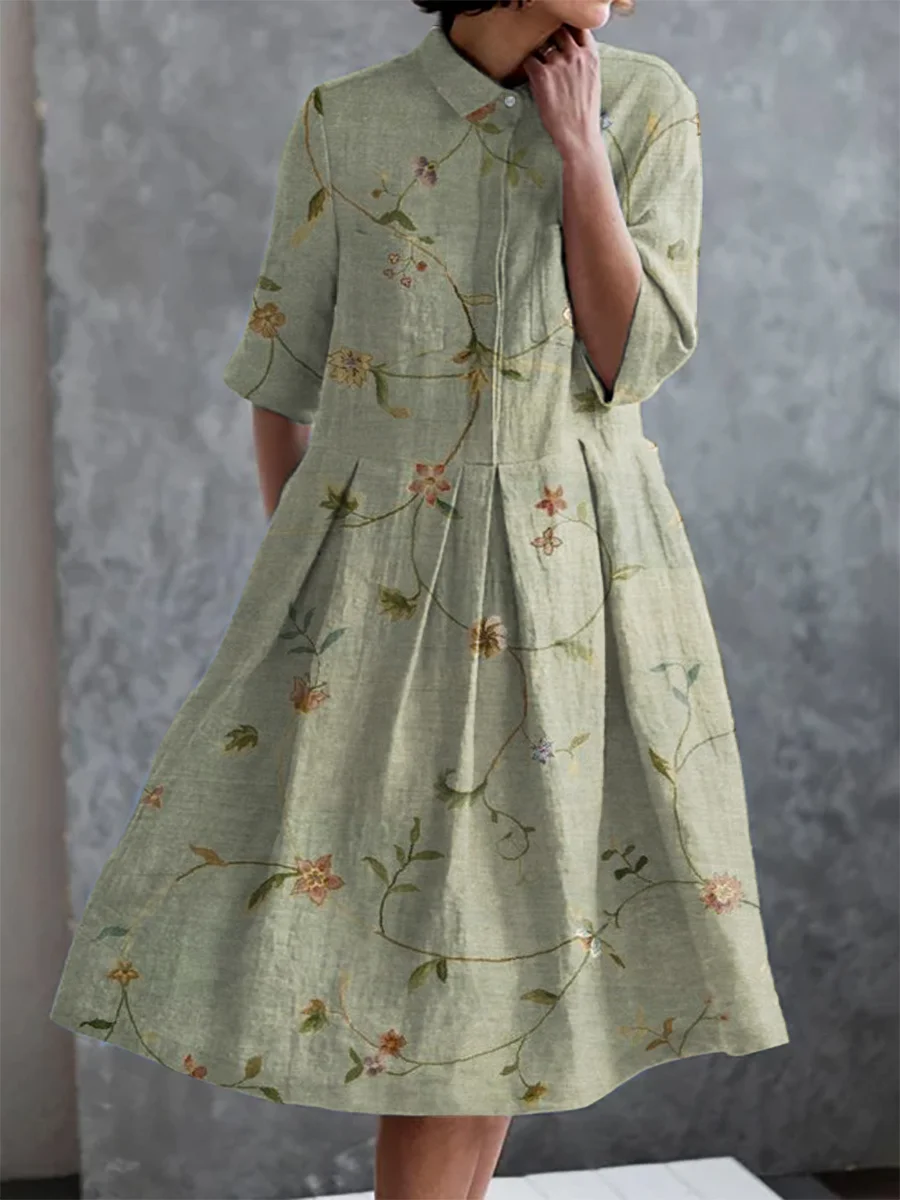 Vintage Floral Print Elegant Pocket Half Sleeve Dress