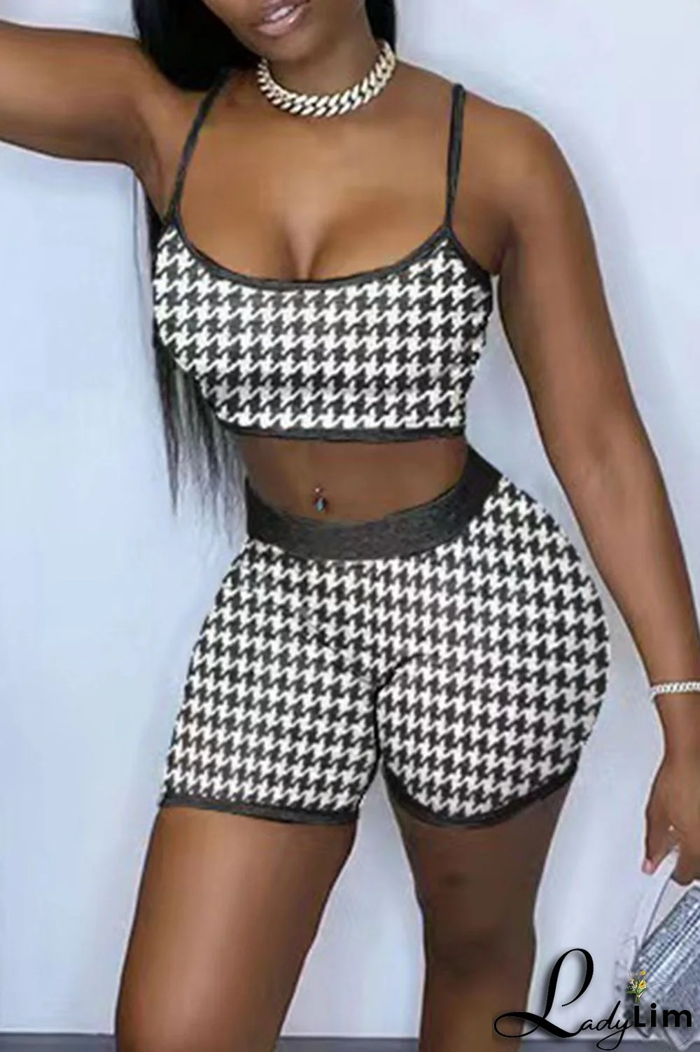 Black Sexy Plaid Print Patchwork Spaghetti Strap Sleeveless Two Pieces