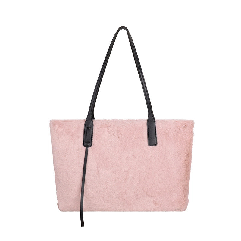 Women’s Plush Solid Color Streetwear Square Zipper Shoulder Bag