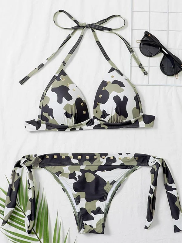 Halterneck Camouflage Triangles Tie Side Backless Bikini Swimwear