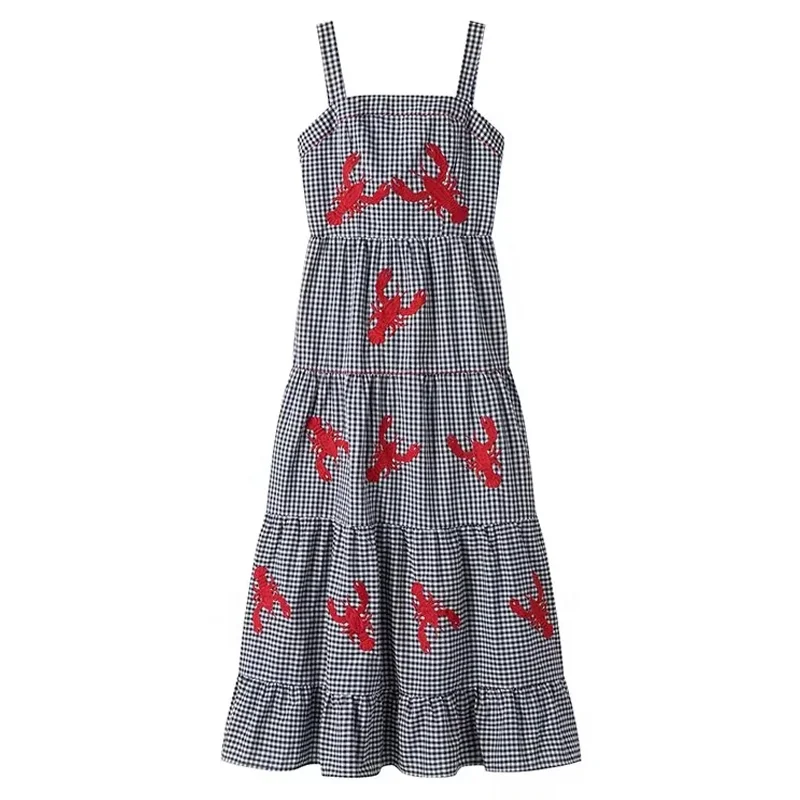 Women Ruffle Embroidery Slip Dress Sleeveless Plaid Pleated Backless Beach Maxi Dress
