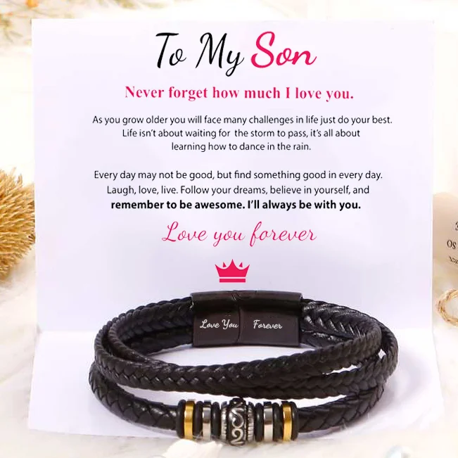 To My Son I Will Always Be With You Braided Leather Bracelet- 9 Inches