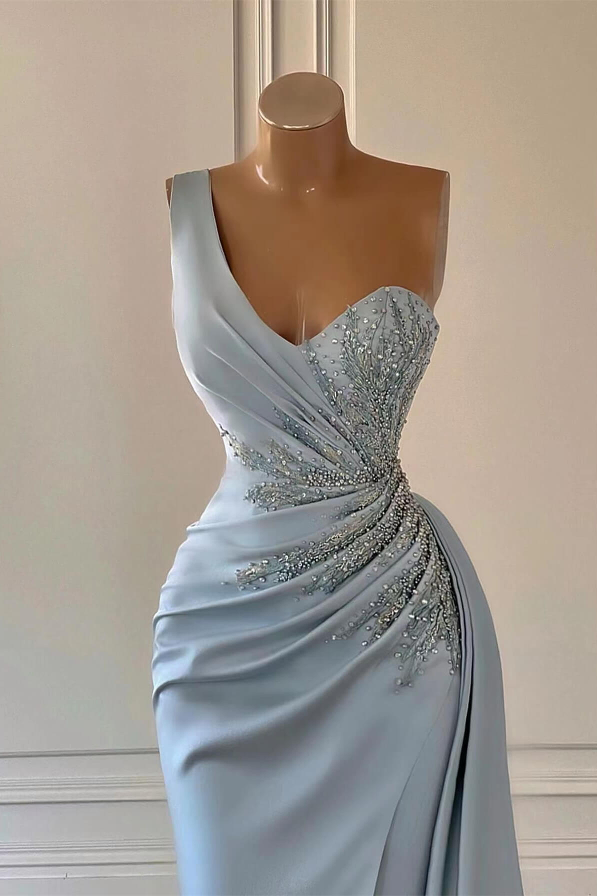 Daisda Sky Blue Luxury One-Shoulder Prom Dress Mermaid Split With Ruffles