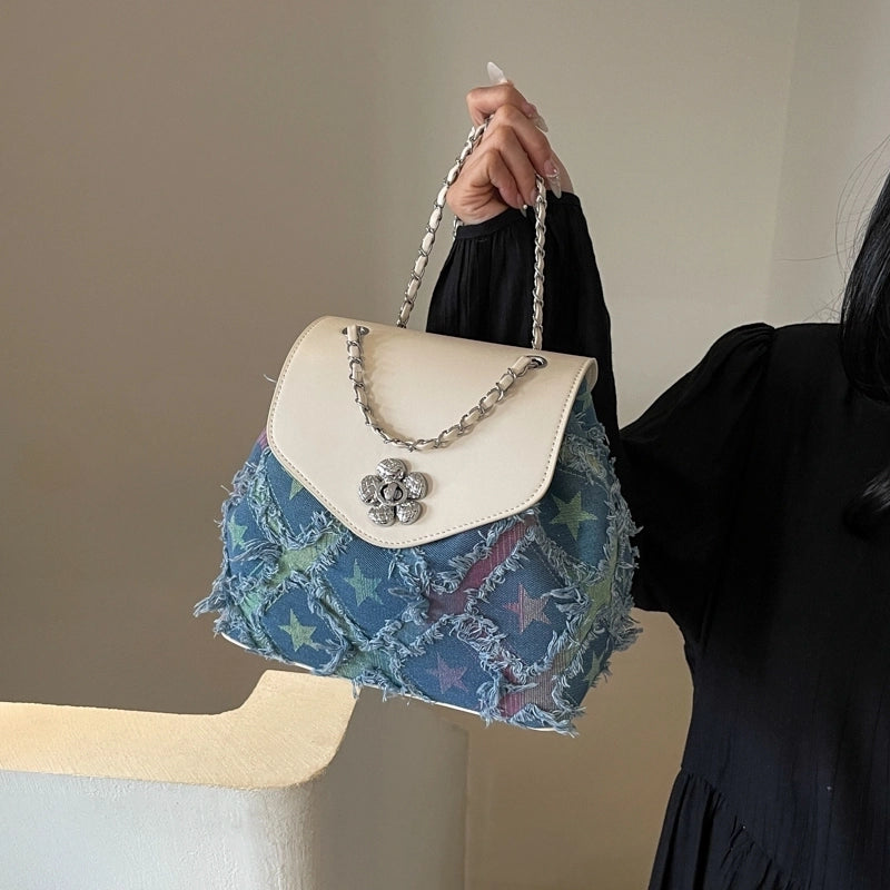 Women's Medium Cloth Color Block Star Classic Style Streetwear Sewing Thread Square Flip Cover Fashion Backpack