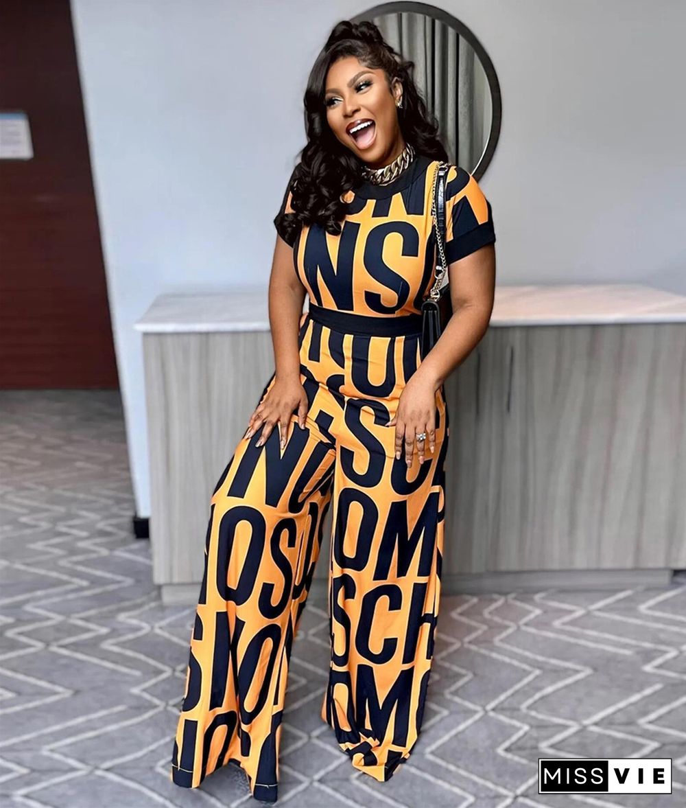 Letter Print Streetwear Short Sleeve Wide Leg Jumpsuits