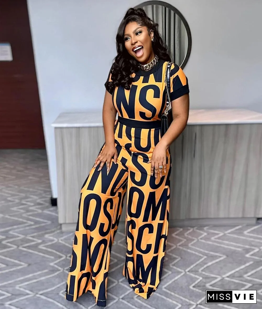 Letter Print Streetwear Short Sleeve Wide Leg Jumpsuits