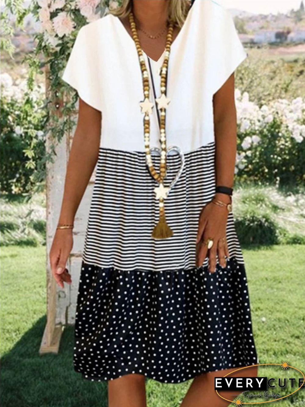 Neck Short Sleeve Cotton-Blend Weaving Dress