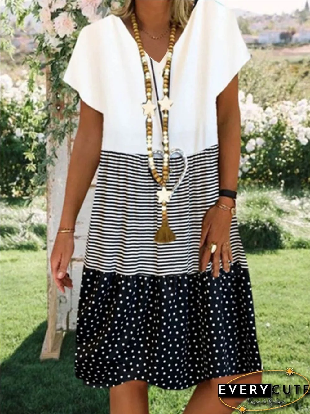 Neck Short Sleeve Cotton-Blend Weaving Dress