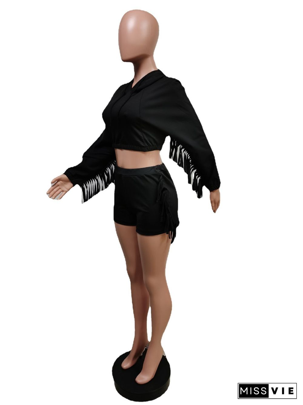 Tassel Hooded Crop Top+Bike Shorts Sets