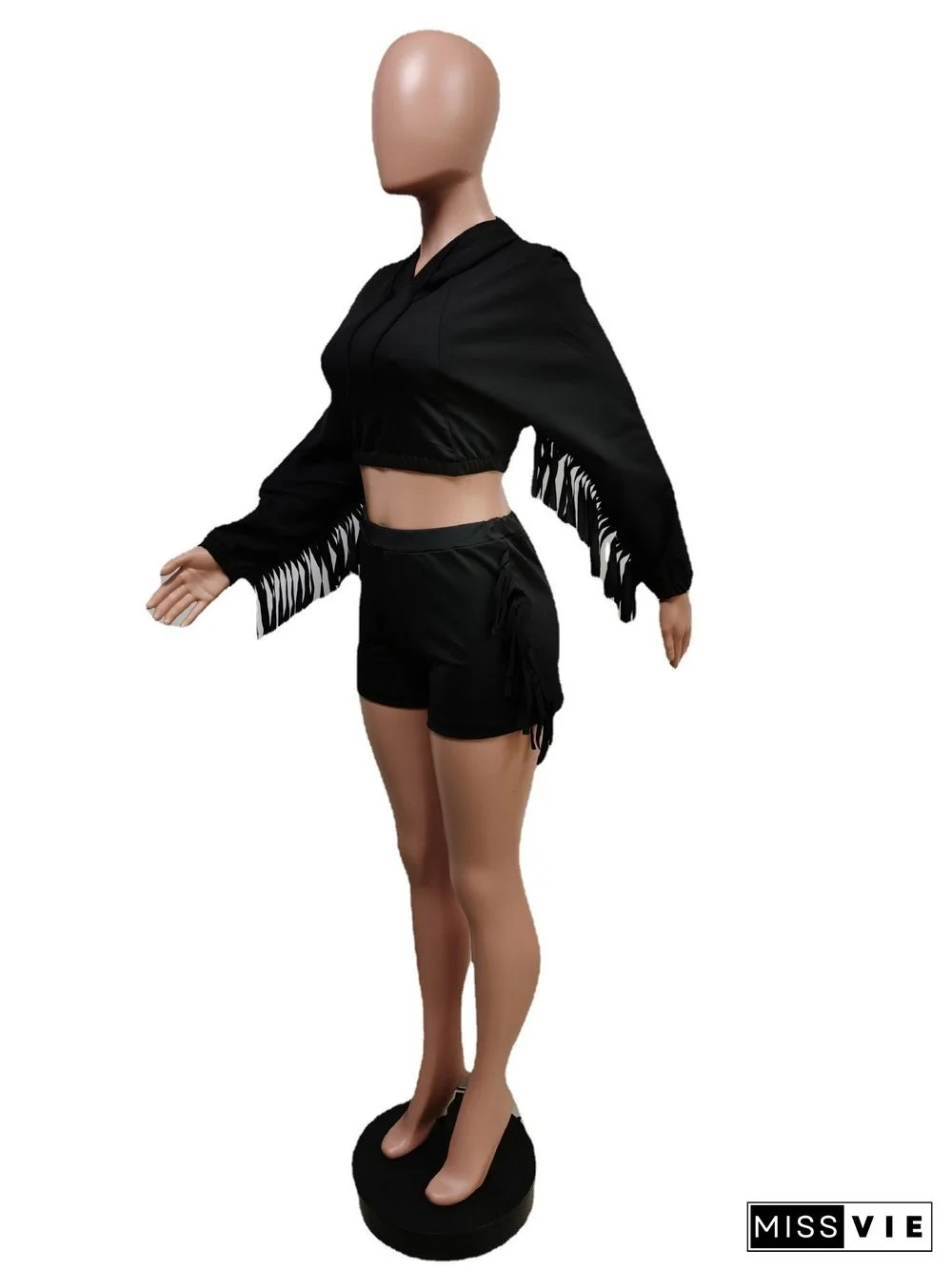 Tassel Hooded Crop Top+Bike Shorts Sets