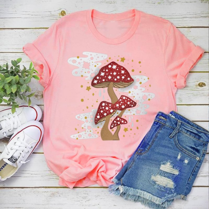   Mushroom Print Women's Pink T-shirt Designer - Neojana